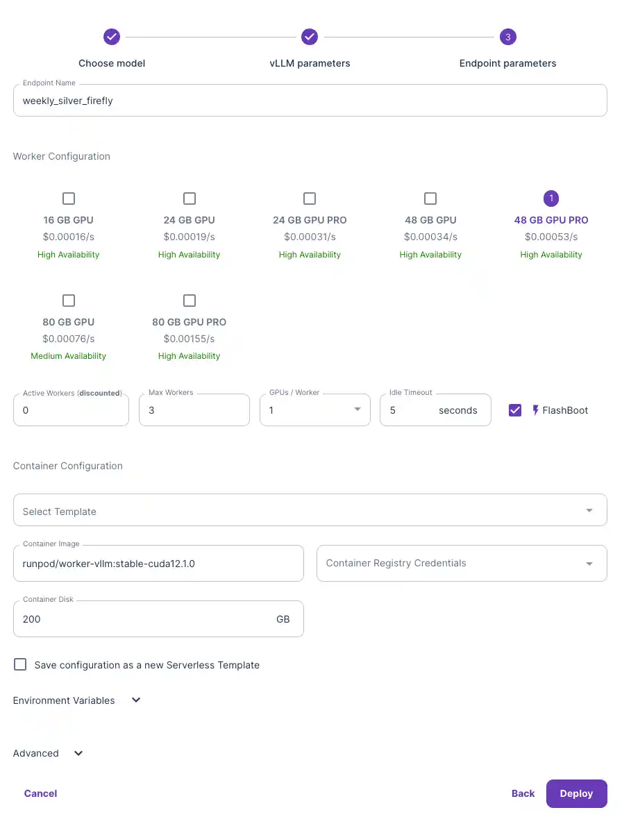 Endpoint parameters form with 48 GB GPU PRO selected, worker counts, and Runpod/worker-vLLM container image