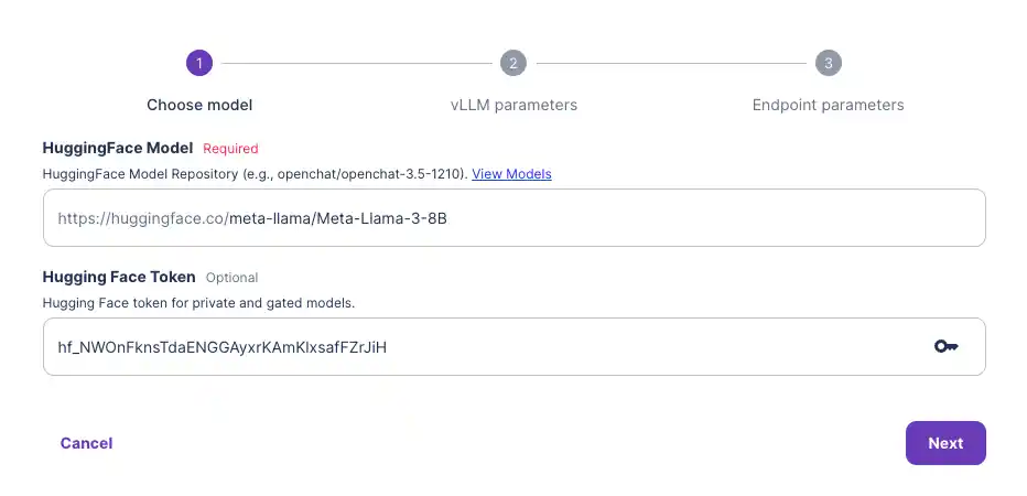 Serverless vLLM setup step 1 with Hugging Face model field set to meta-llama/Meta-Llama-3-8B and token input