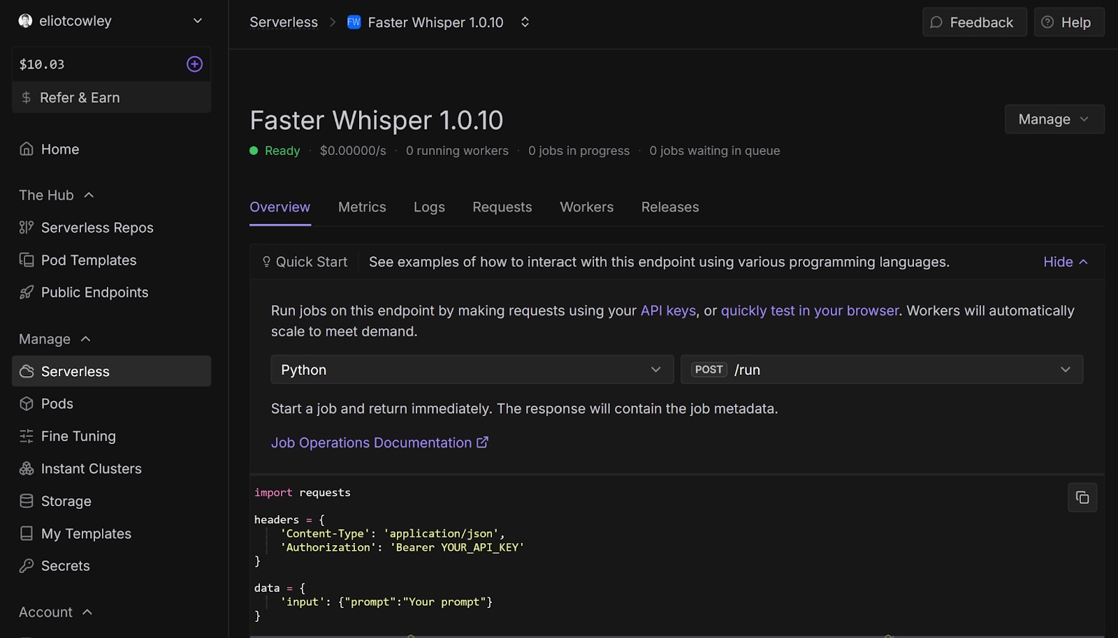 Runpod console Faster Whisper endpoint overview with a Python quick start example