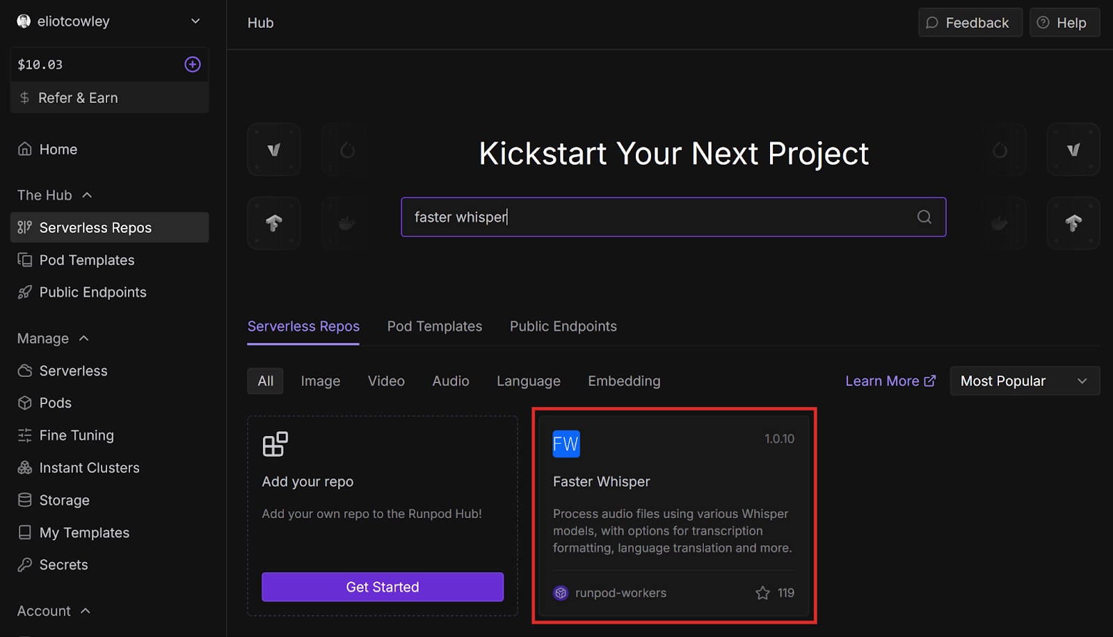 Runpod Hub search results with the Faster Whisper serverless repo highlighted