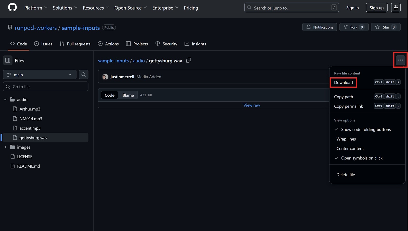 GitHub sample-inputs repository with the Download option highlighted for gettysburg.wav
