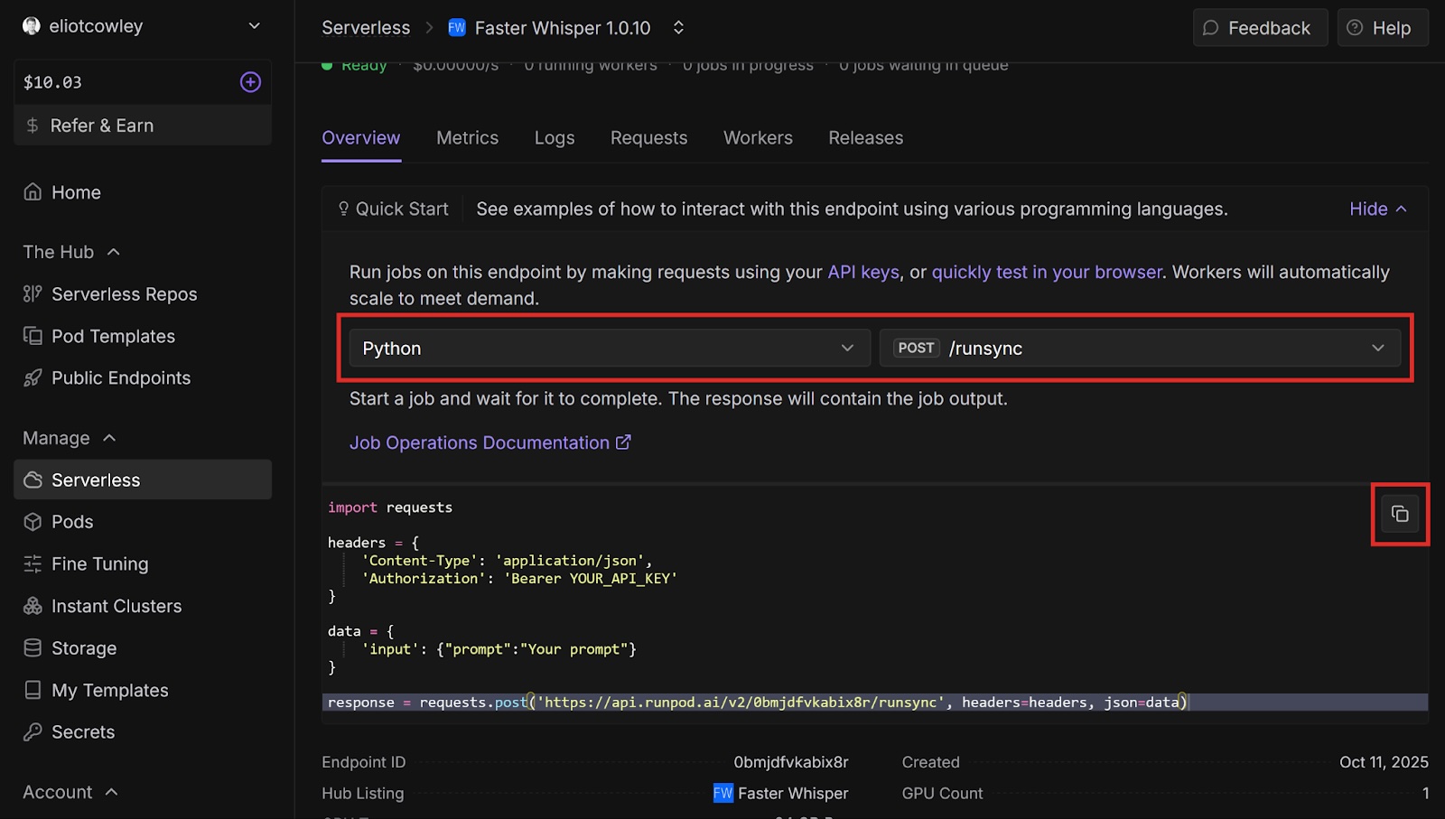 Runpod console quick start showing a Python runsync example with the copy button highlighted