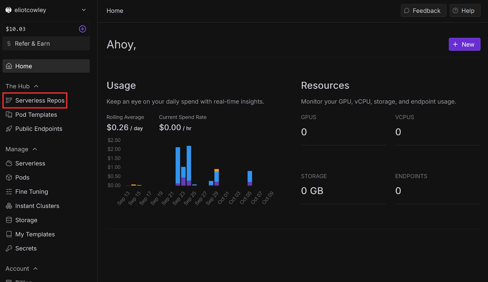Runpod console home dashboard with Serverless Repos highlighted in the sidebar