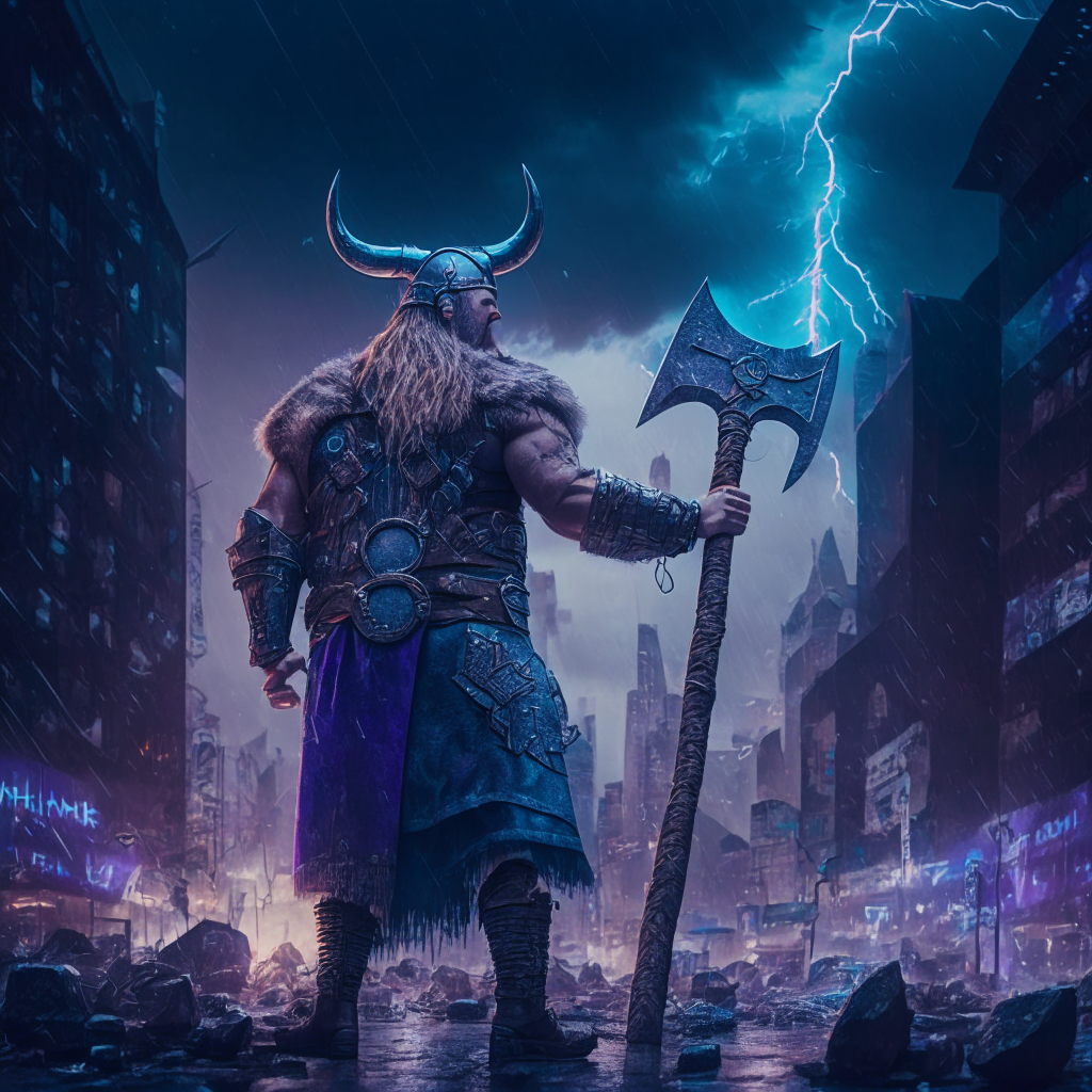 AI-generated image of a horned viking warrior with a battle axe in a neon-lit city