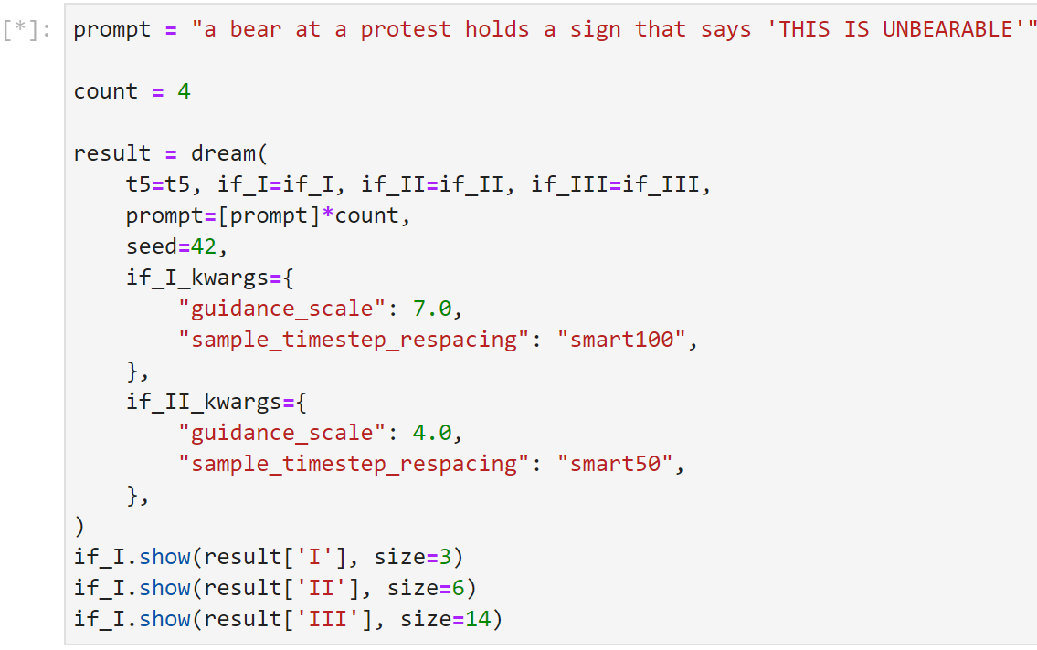 Screenshot from DeepFloyd text generation tutorial