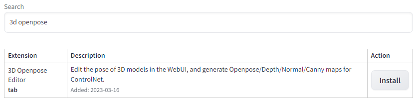 Extension search results showing the 3D Openpose Editor extension with an Install button