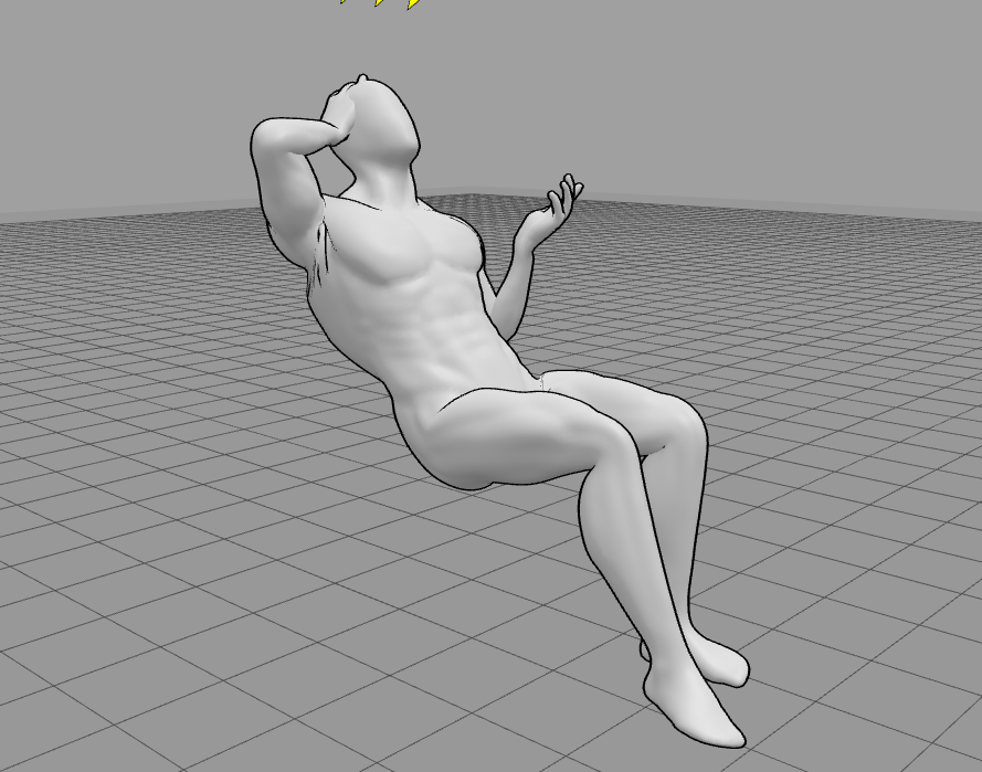 Gray 3D mannequin posed reclining with one hand behind its head in the 3D Openpose Editor