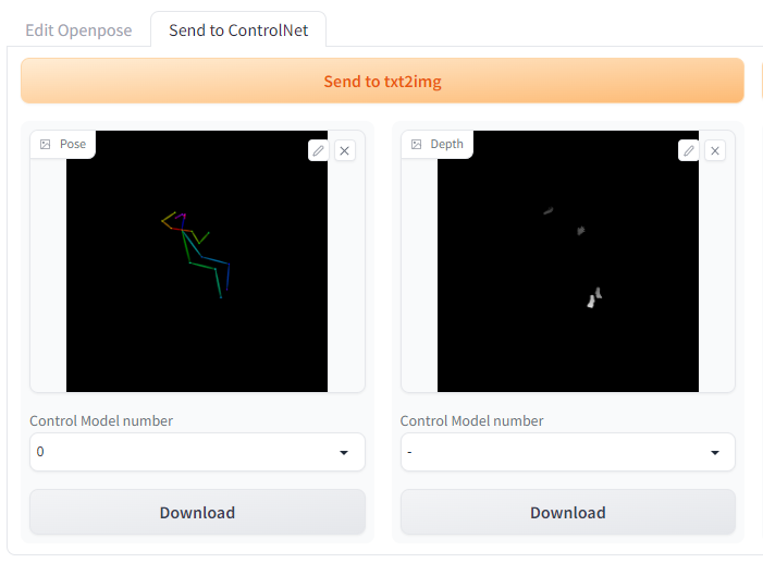 Send to ControlNet panel with generated pose and depth map previews and Download buttons
