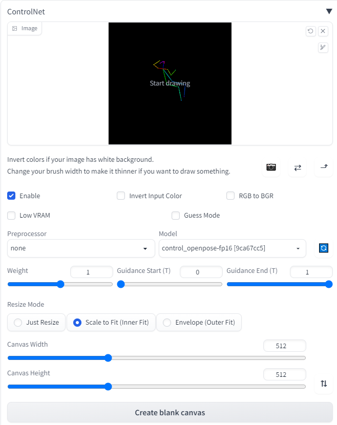 ControlNet settings with an OpenPose skeleton loaded and the control_openpose-fp16 model selected