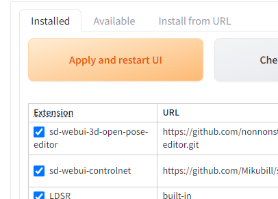 Installed extensions list with sd-webui-3d-open-pose-editor and sd-webui-controlnet checked