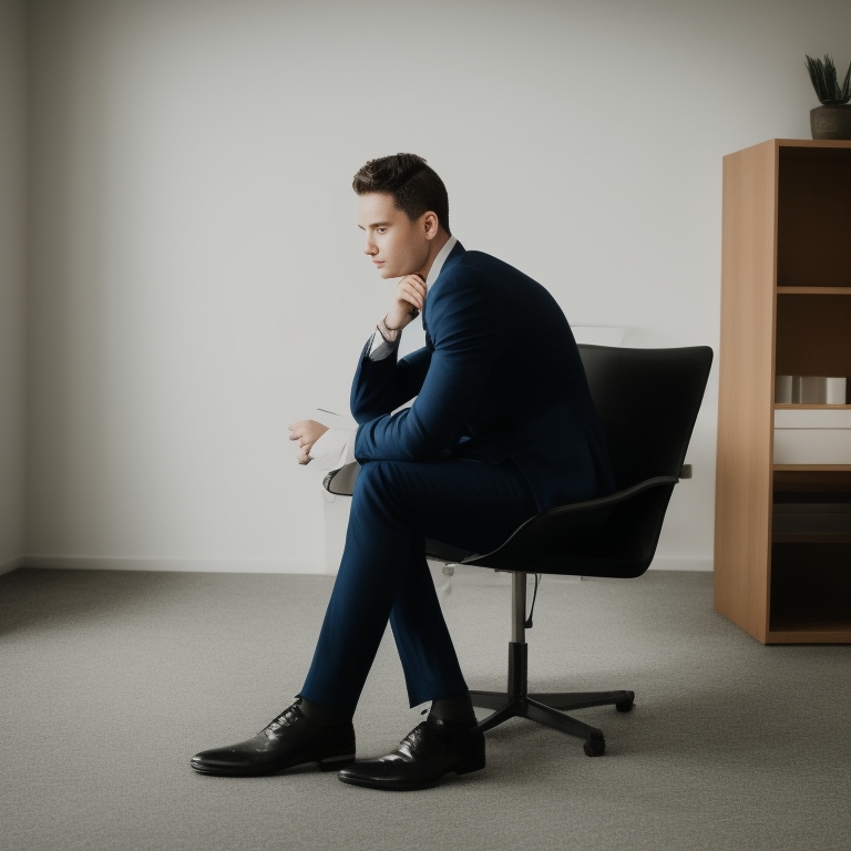 AI-generated image of a man in a suit seated in an office chair with a hand raised to his head
