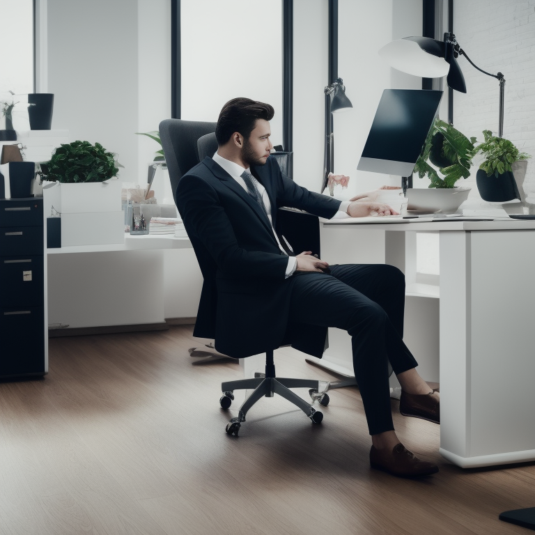 AI-generated image of a man seated in an office chair at a desk facing a computer monitor