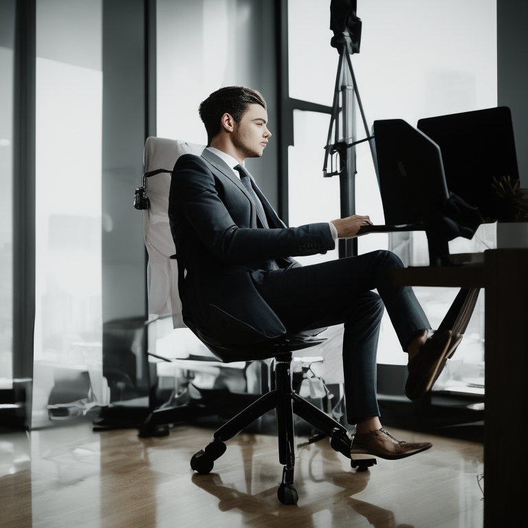 AI-generated image of a man working at a desk in an office chair beside large windows