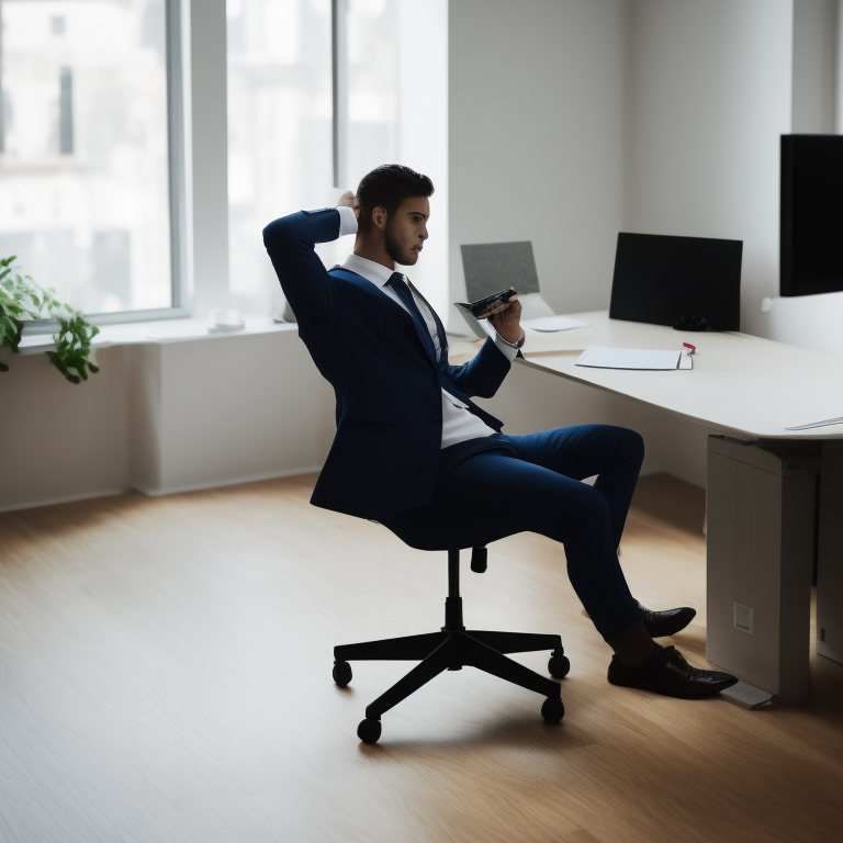 AI-generated image of a man leaning back in an office chair with a hand behind his head