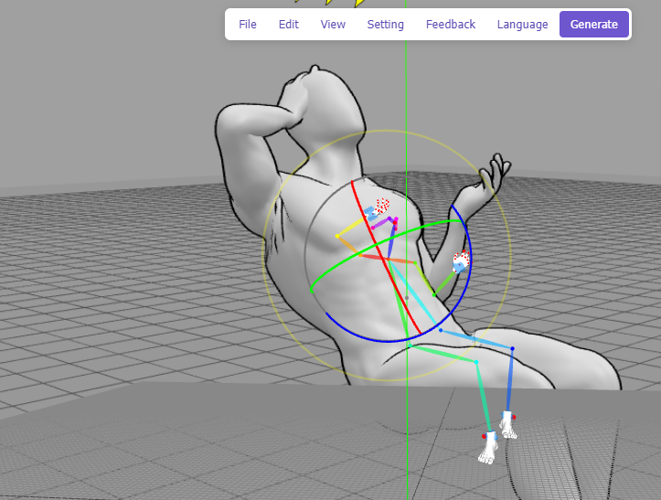 3D Openpose Editor showing colored skeleton controls overlaid on the posed mannequin