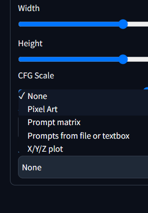 Stable Diffusion web UI Script dropdown listing Pixel Art, Prompt matrix, Prompts from file, and X/Y/Z plot options