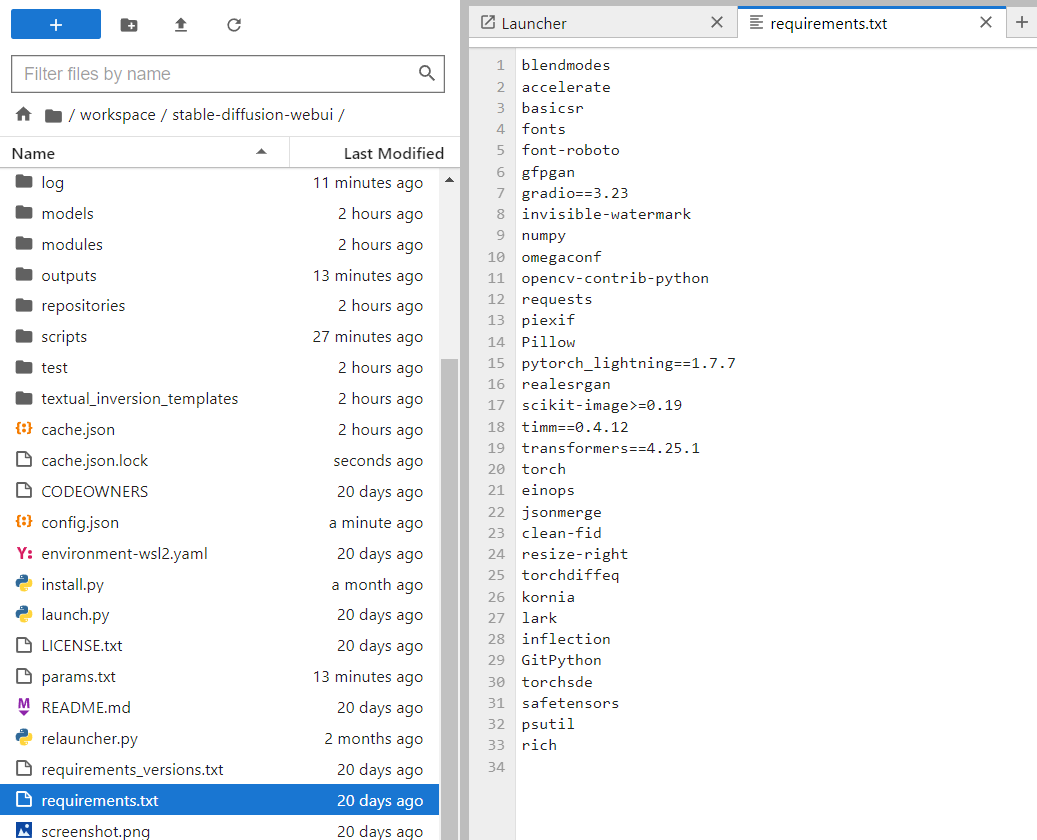 JupyterLab file browser in the stable-diffusion-webui folder with requirements.txt open listing dependencies