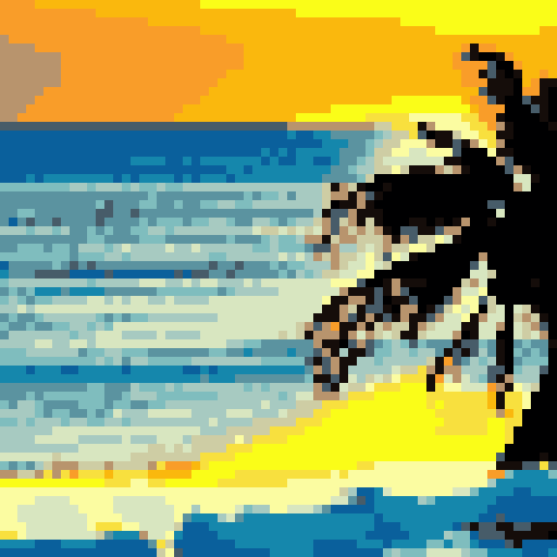 Pixelated AI-generated beach scene with ocean waves and a palm tree silhouette at sunset