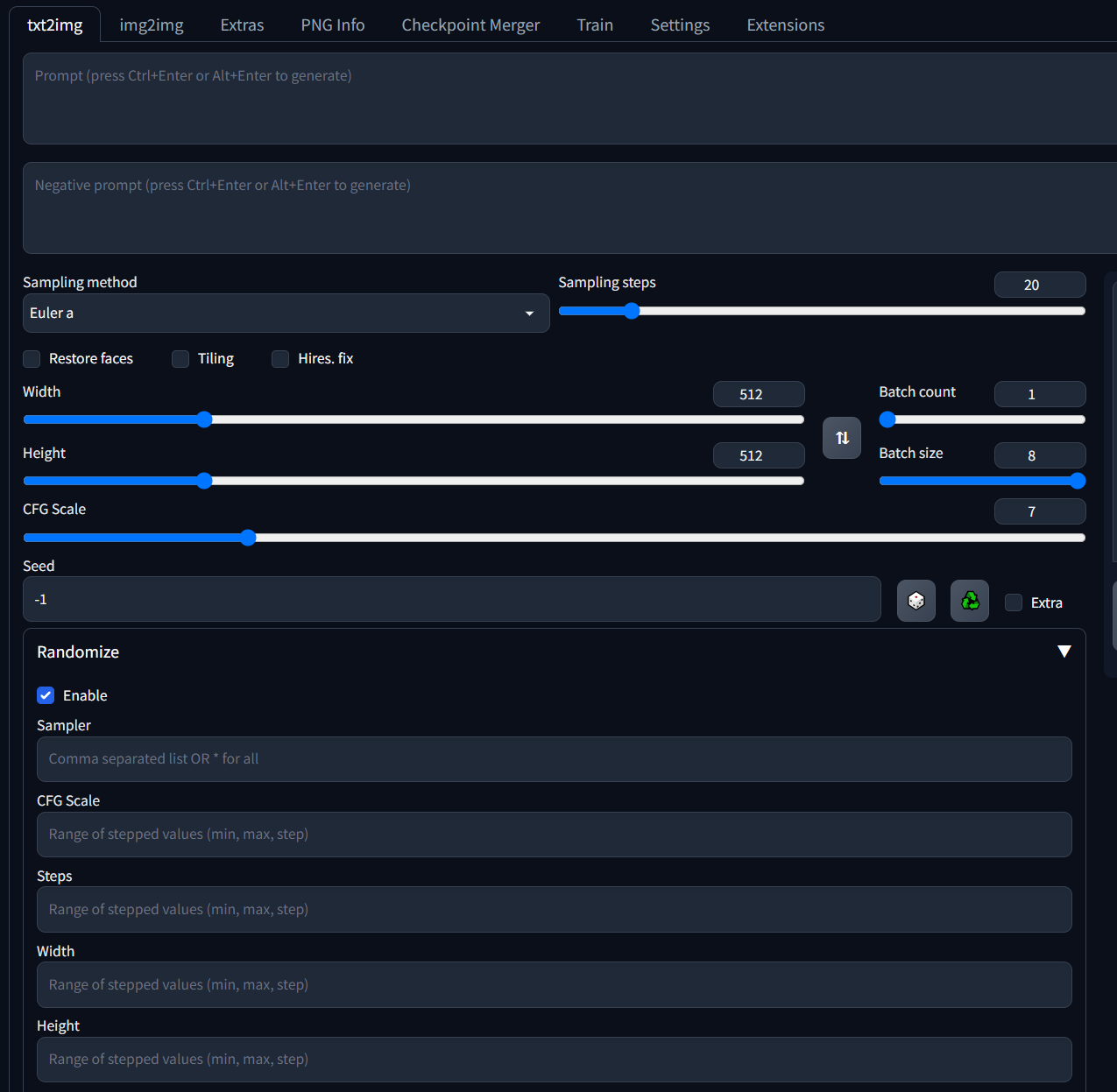 Stable Diffusion txt2img settings with the Randomize extension panel for sampler, CFG scale, steps, width, and height