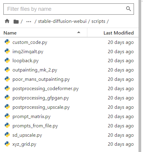 Jupyter file browser listing the default scripts in the stable-diffusion-webui/scripts folder