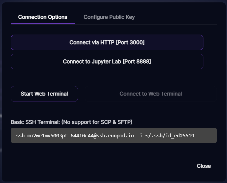 Runpod pod connection options dialog with Connect via HTTP on port 3000 highlighted