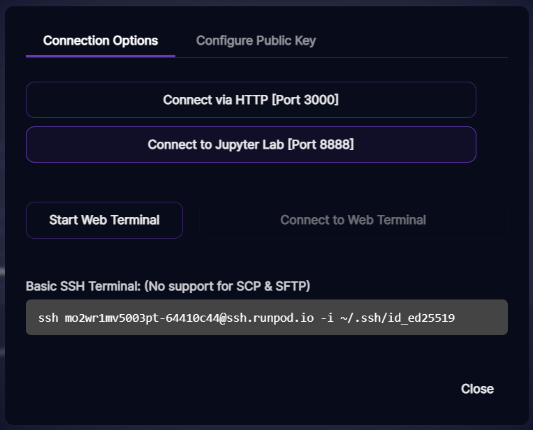 Runpod pod connection options with HTTP port 3000, Jupyter Lab port 8888, and a basic SSH command