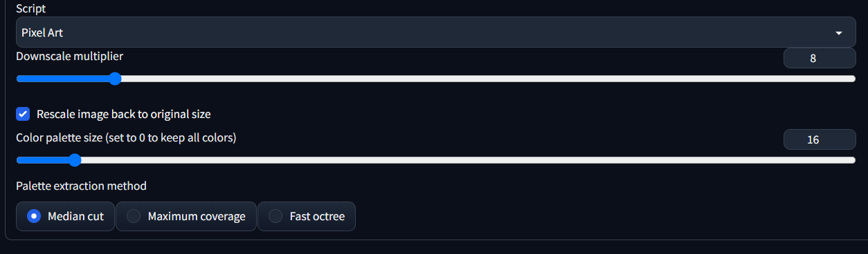 Pixel Art script settings with downscale multiplier, color palette size, and palette extraction method options