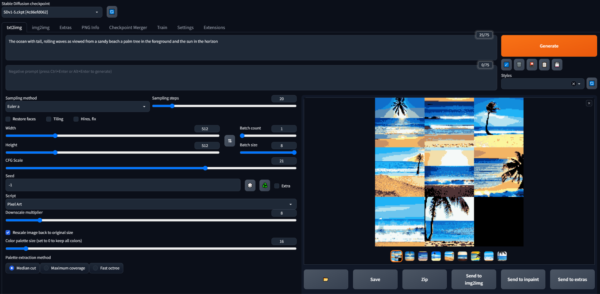 Stable Diffusion web UI generating a batch of beach scenes with the Pixel Art script enabled