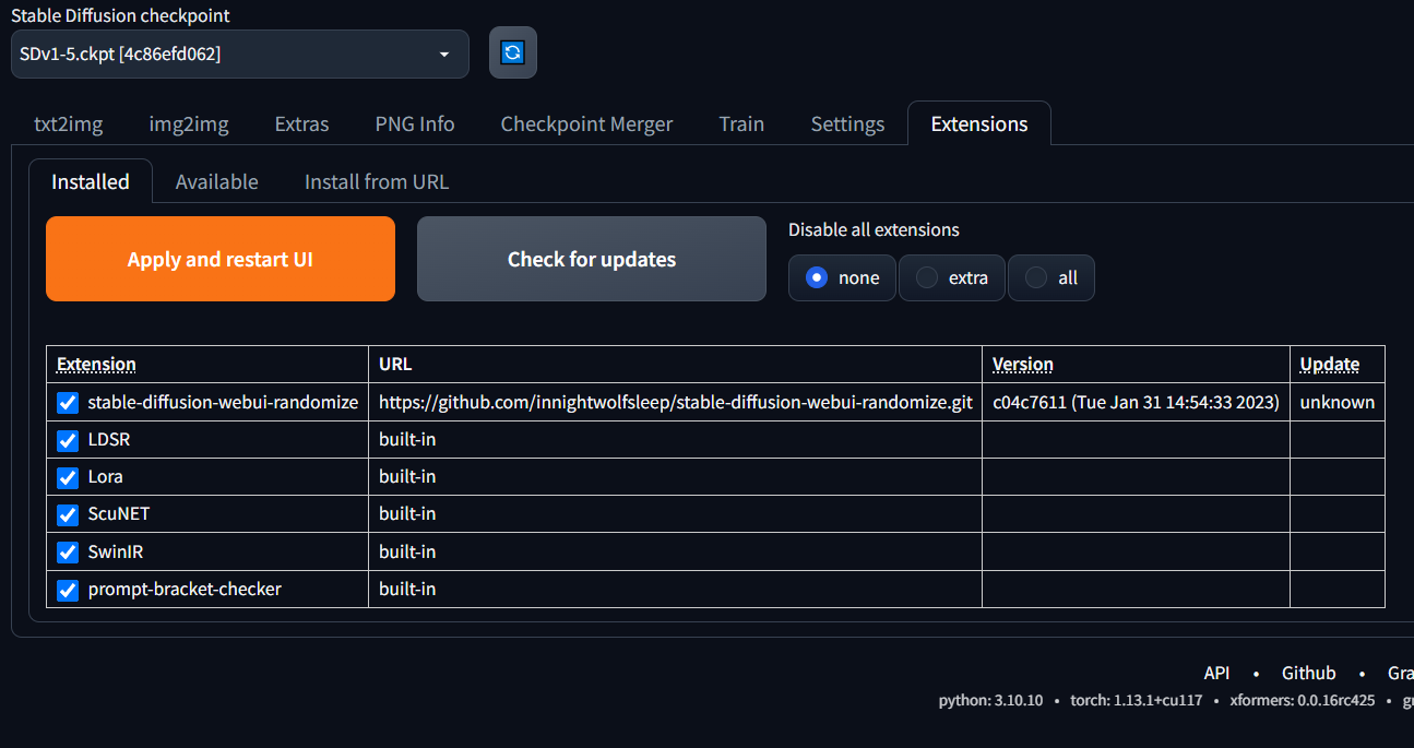 Installed extensions list in Stable Diffusion web UI showing the randomize extension and Apply and restart UI button