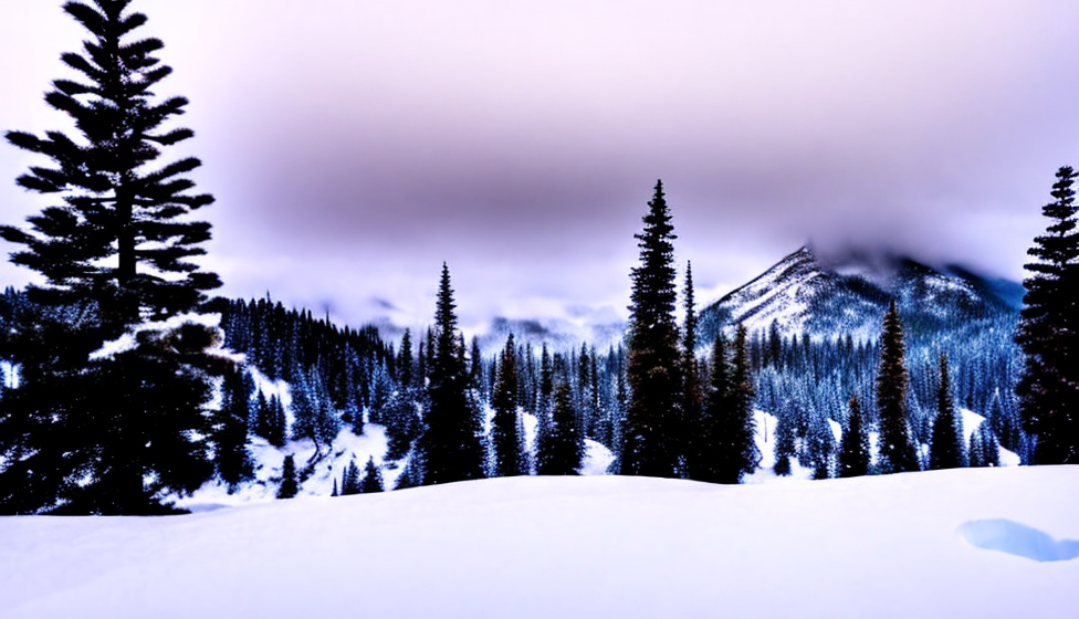 AI-generated snowy landscape with pine trees and a mountain under a purple cloudy sky