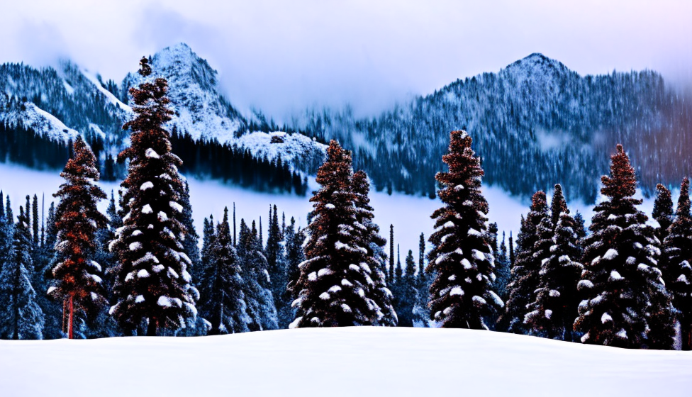 AI-generated winter scene of snow-covered pine trees in front of misty mountains