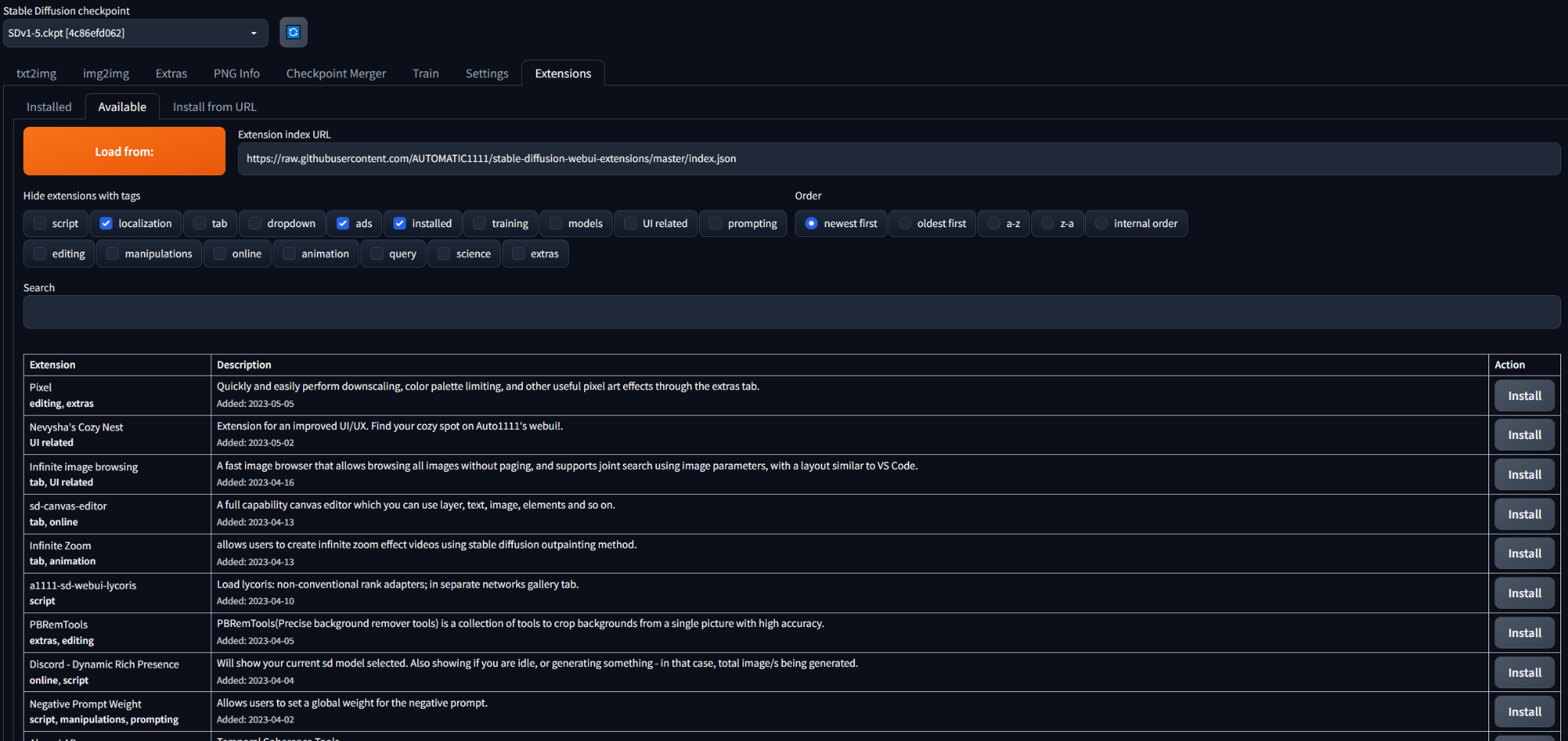 Available extensions list in the Stable Diffusion web UI Extensions tab with Install buttons