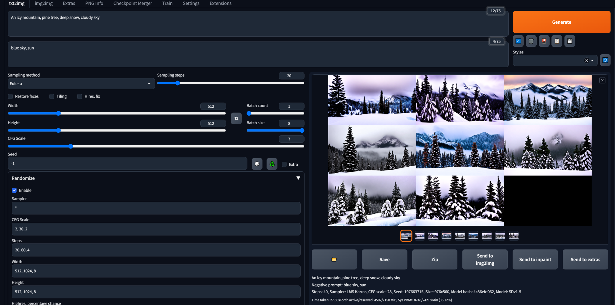 Stable Diffusion web UI showing a batch of snowy mountain images generated with the Randomize extension enabled