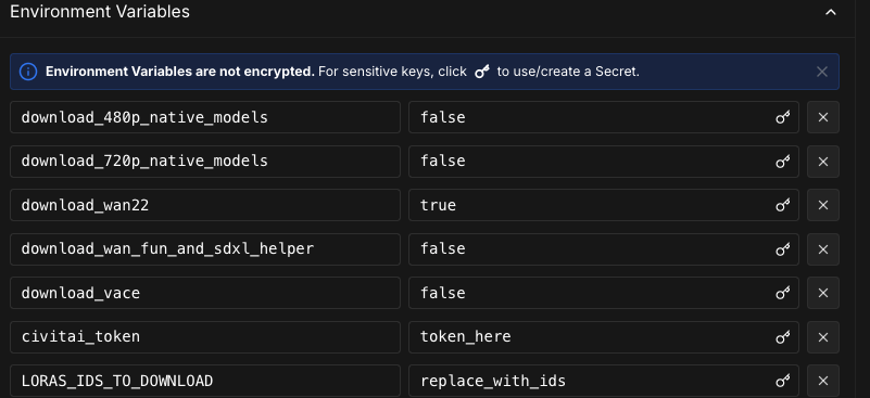 Runpod template environment variables editor with Wan 2.2 model download options