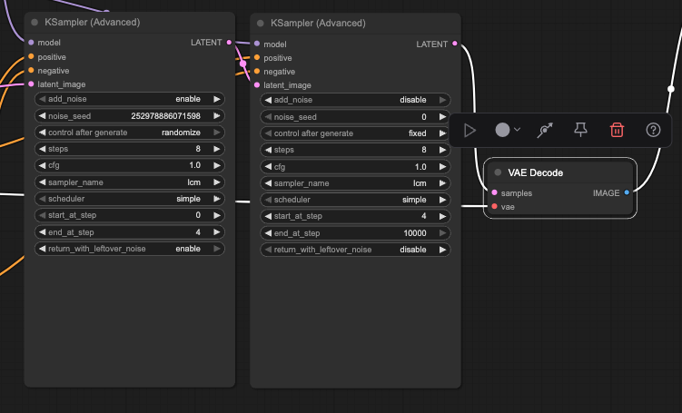 ComfyUI workflow with two advanced KSampler nodes feeding a VAE Decode node