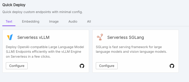 Runpod Quick Deploy page with Serverless vLLM and Serverless SGLang options