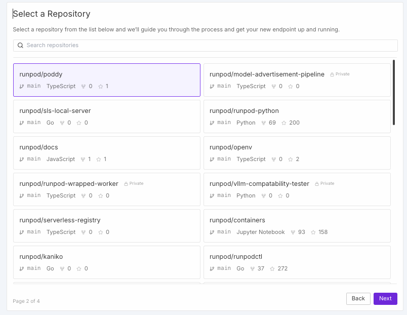 Select a Repository screen listing Runpod GitHub repos such as Runpod-python and Runpodctl