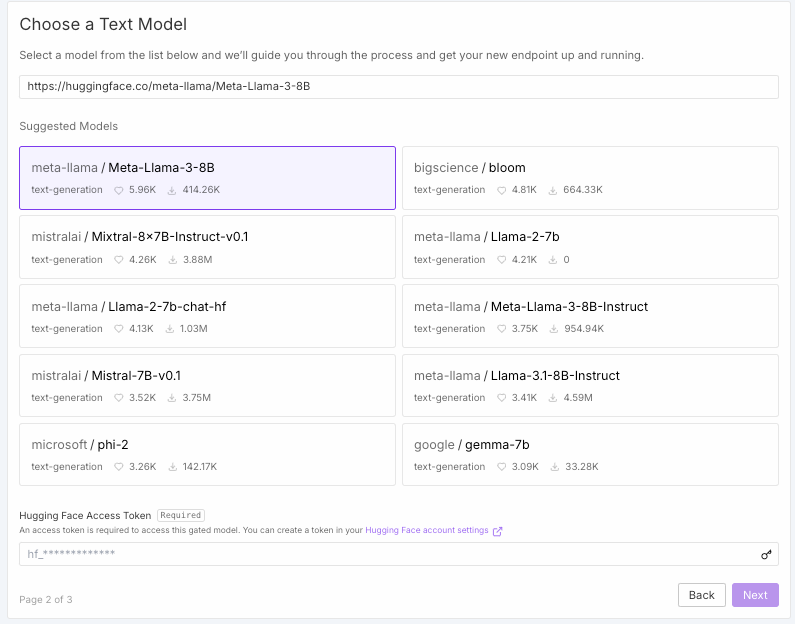 Choose a Text Model screen listing Hugging Face models with Meta-Llama-3-8B selected and an access token field