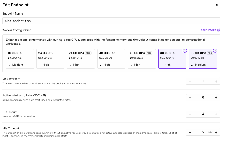 Runpod Edit Endpoint form with GPU memory tiers, per-second pricing, max workers, GPU count, and idle timeout