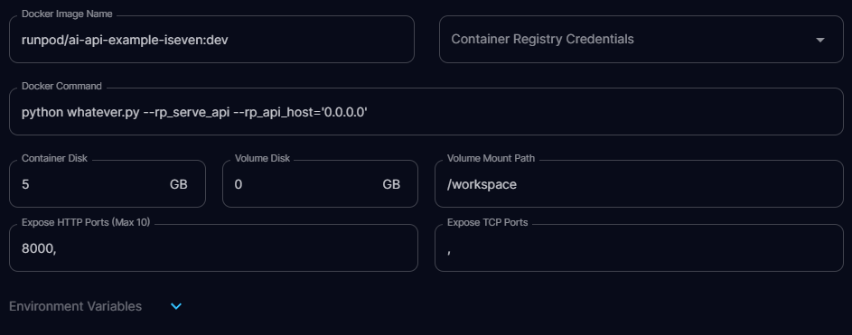 Runpod template config with Docker image Runpod/ai-API-example-iseven:dev and HTTP port 8000 exposed