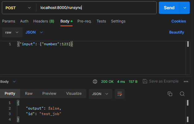 Postman POST request to localhost:8000/runsync returning 200 OK with output false