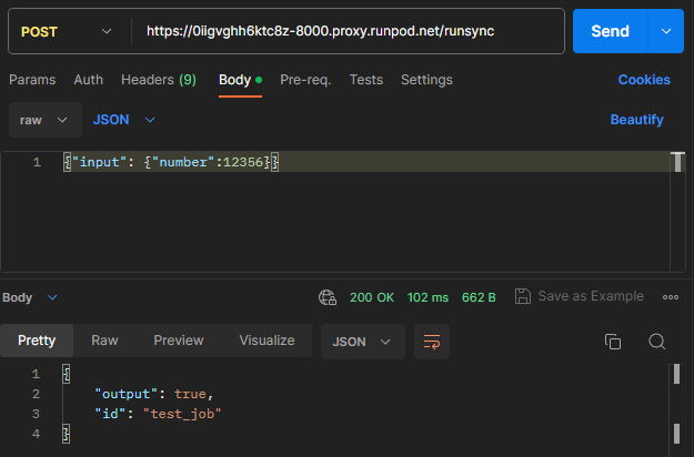 Postman POST request to a Runpod proxy /runsync URL returning 200 OK with output true