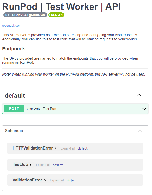 Runpod Test Worker local API server docs showing a POST /runsync endpoint and request schemas