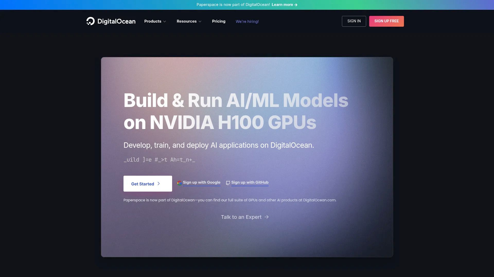 Paperspace landing page on DigitalOcean with the headline Build and Run AI/ML Models on NVIDIA H100 GPUs