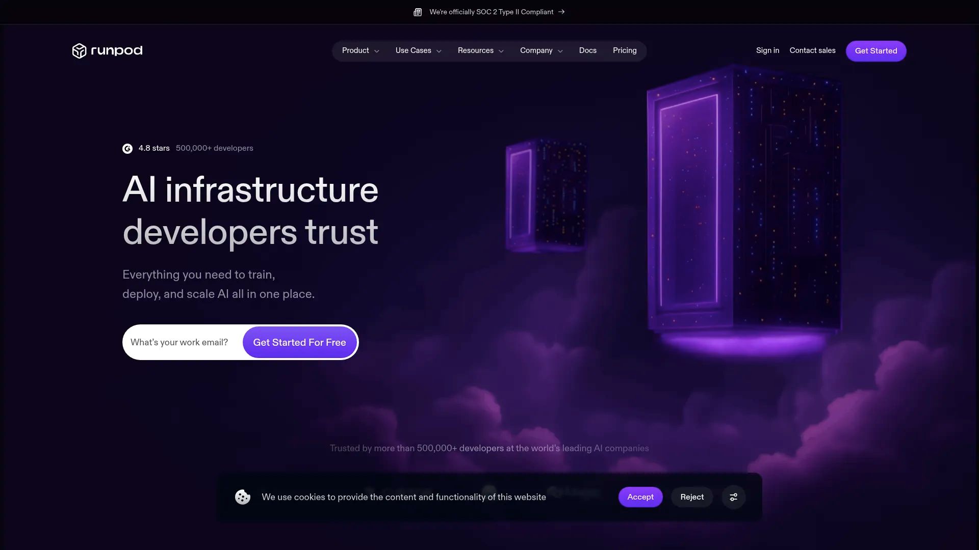 Runpod homepage with the headline AI infrastructure developers trust
