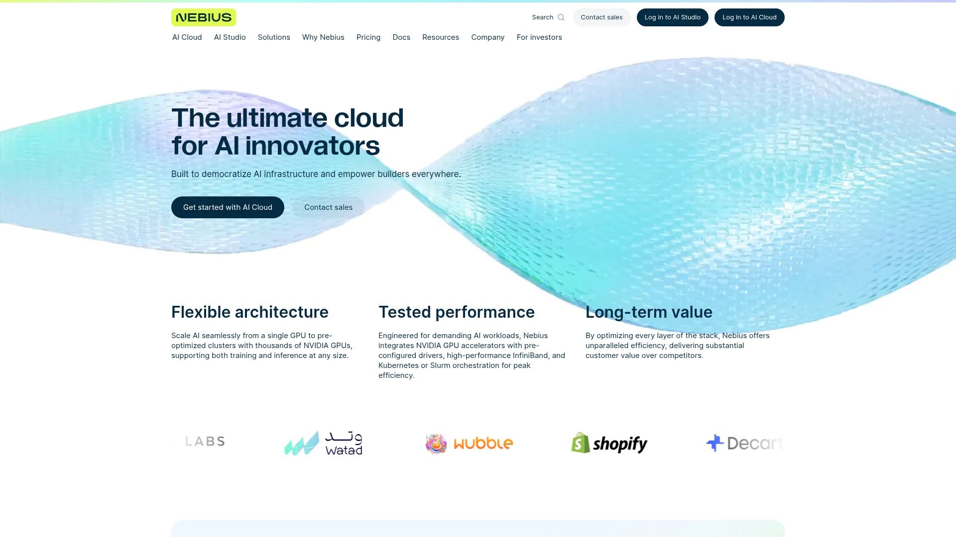 Nebius homepage with the headline The ultimate cloud for AI innovators