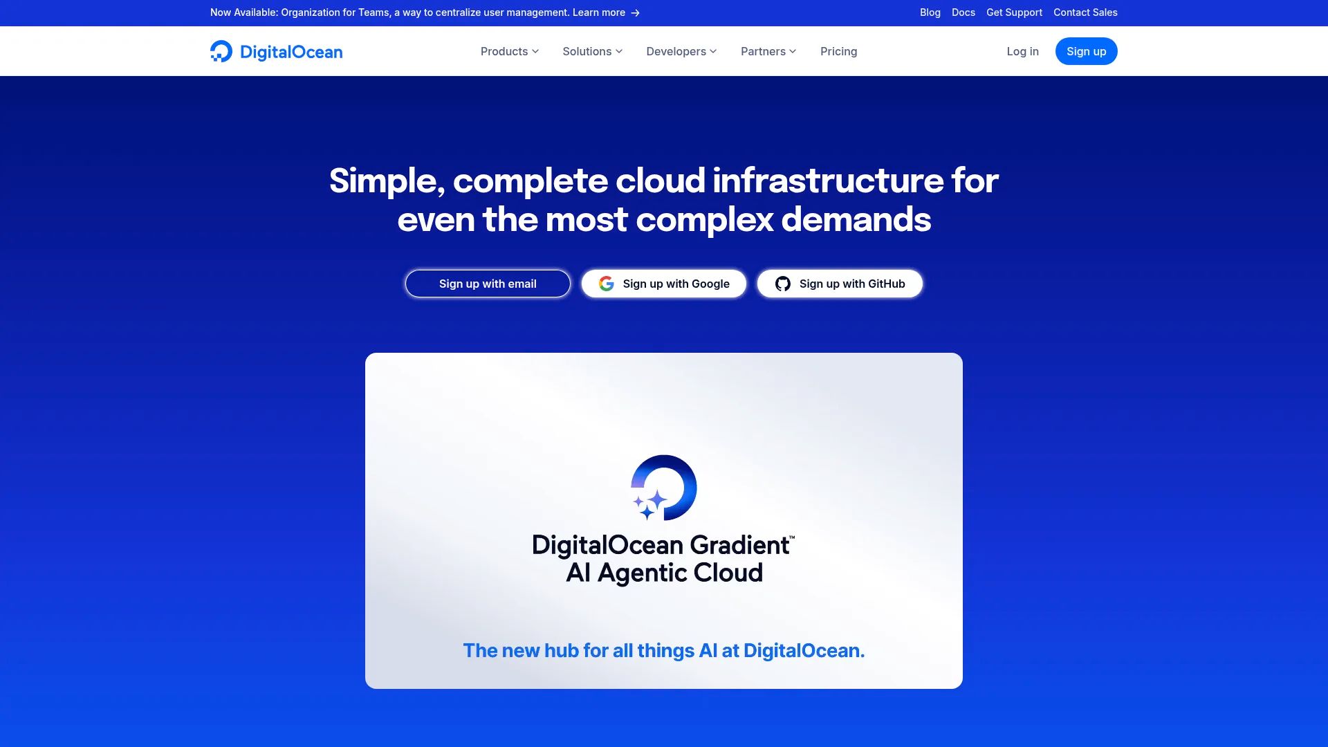DigitalOcean homepage promoting DigitalOcean Gradient AI Agentic Cloud