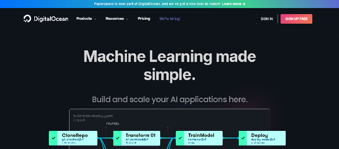 DigitalOcean Paperspace page with headline Machine Learning made simple and an ML pipeline diagram