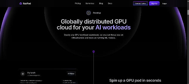 Runpod homepage with headline Globally distributed GPU cloud for your AI workloads