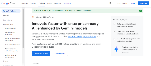 Google Cloud Vertex AI page with headline Innovate faster with enterprise-ready AI, enhanced by Gemini models